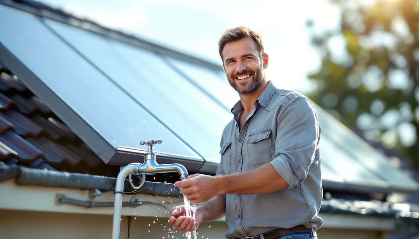 A man checks his newly installed solar water heater on his roof.