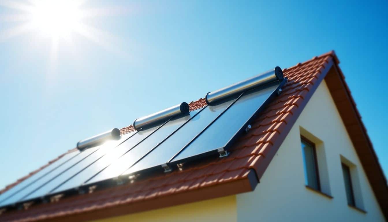 A house with solar water heating panels on its roof.