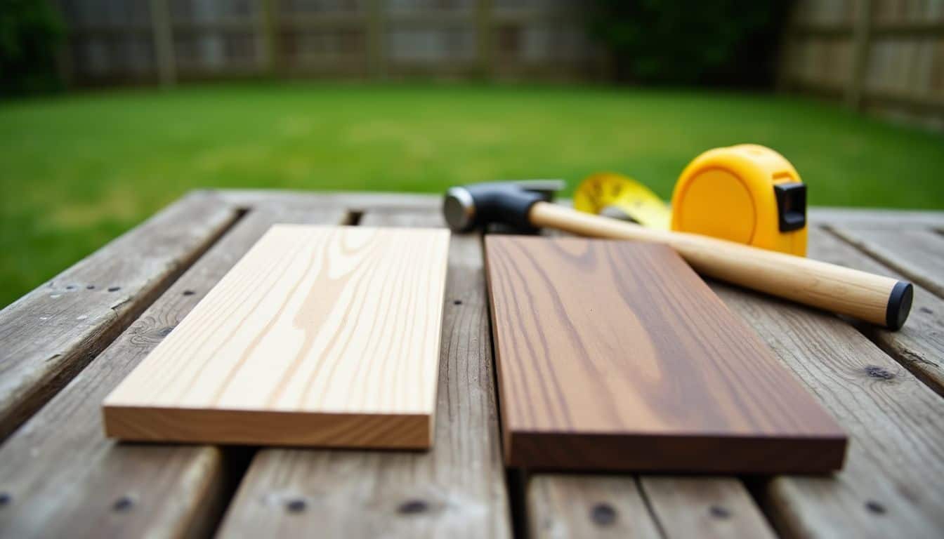 Two decking material samples with DIY tools on a backyard table.