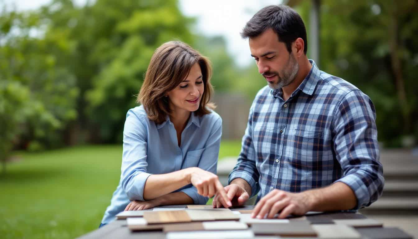 A couple discusses PVC and composite decking options in a backyard.