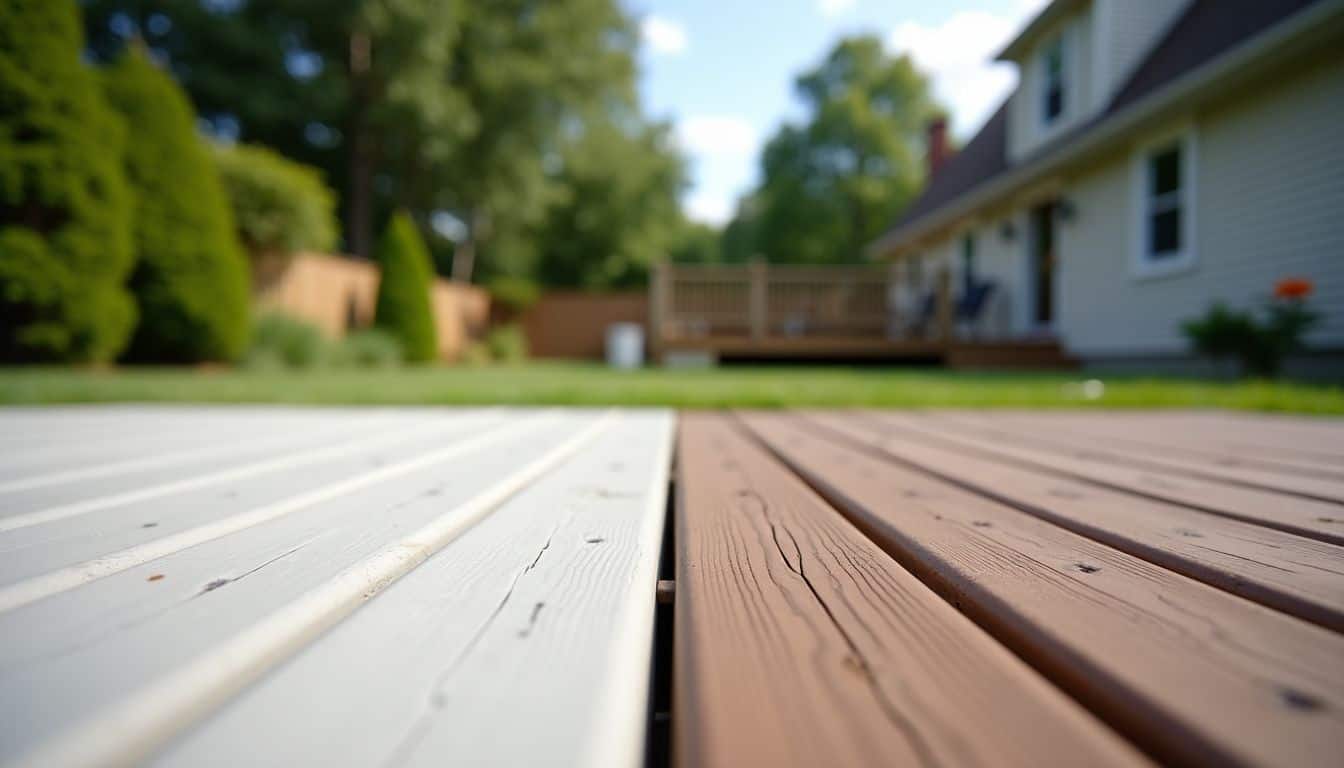 A side-by-side comparison of PVC and composite decks in a backyard.