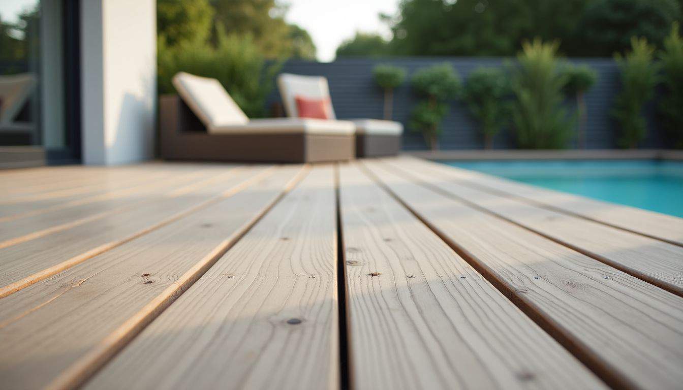 A PVC decking board with advanced polymer core in modern outdoor setting.