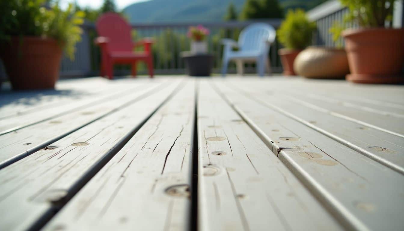 A comparison of weathered PVC and composite decks with minimal fading.