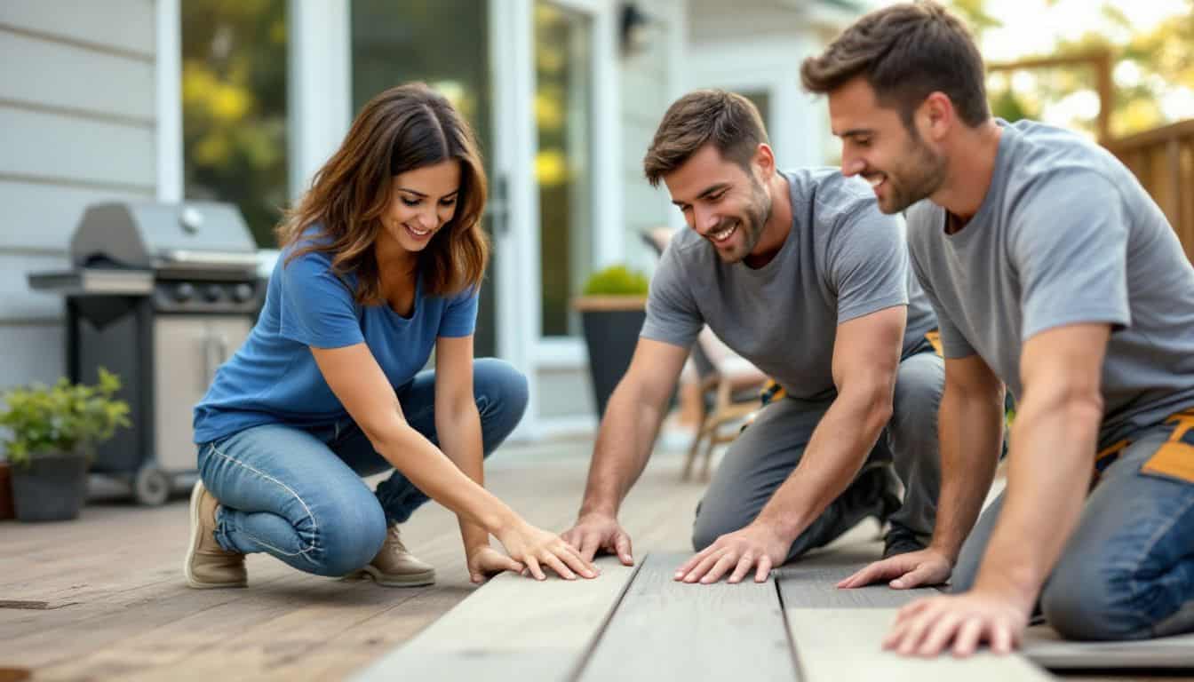 A middle-aged couple happily installs composite decking in their backyard.