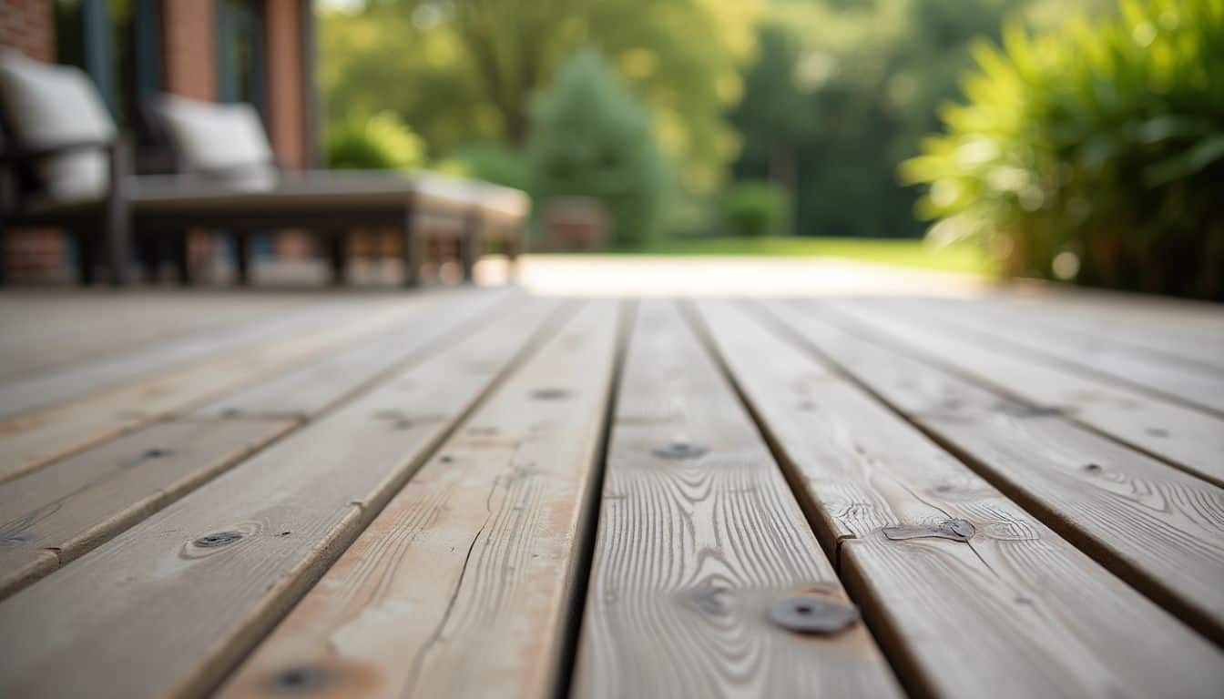 A weathered PVC decking board displayed on an outdoor patio.