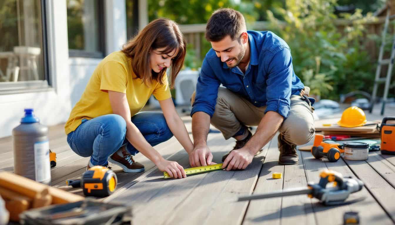 A couple in their 30s installing composite decking in their backyard.