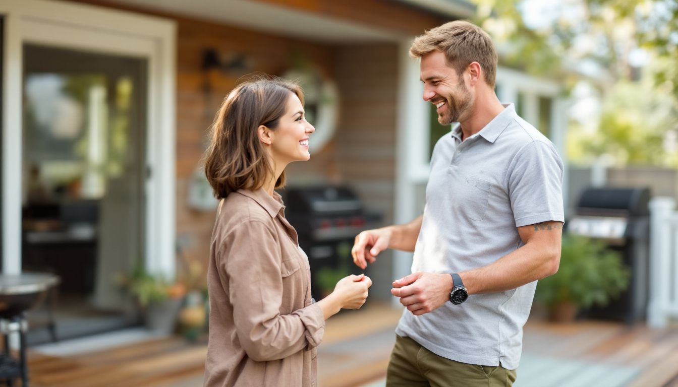 A couple in their mid-40s enjoying a backyard barbecue on a well-designed PVC deck.