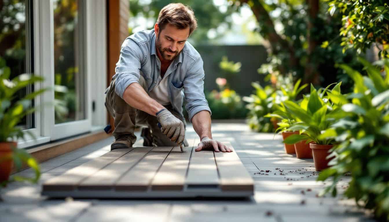 A man installs modern composite decking boards in a backyard setting.