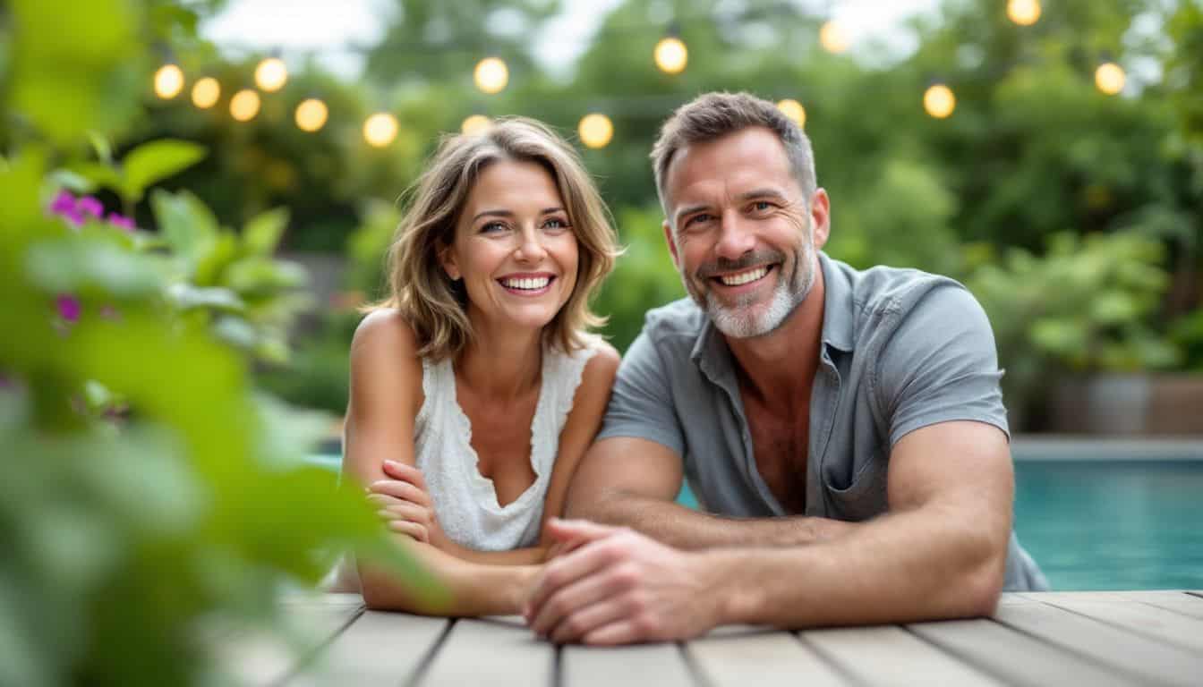 A couple in their 40s enjoys time on a modern PVC deck next to a pool.