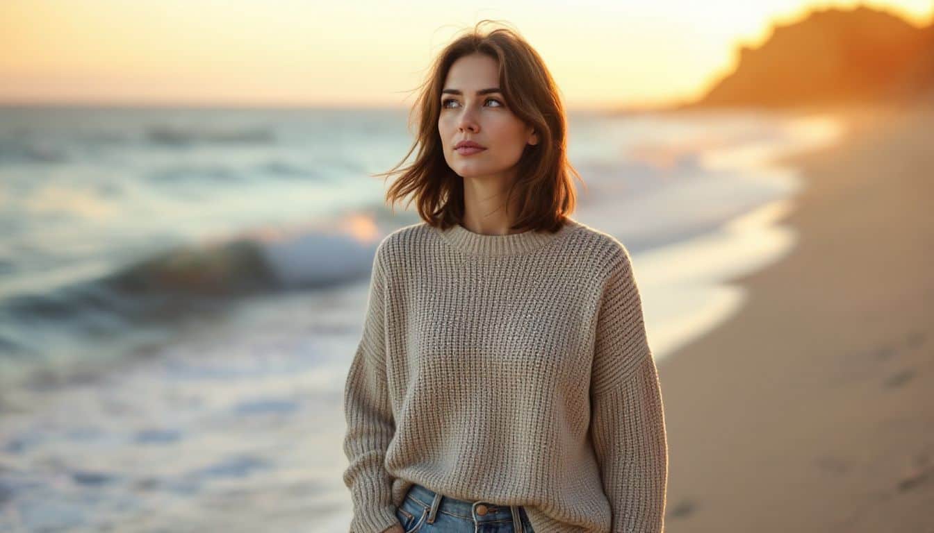 A woman walking alone on a peaceful beach at sunset.