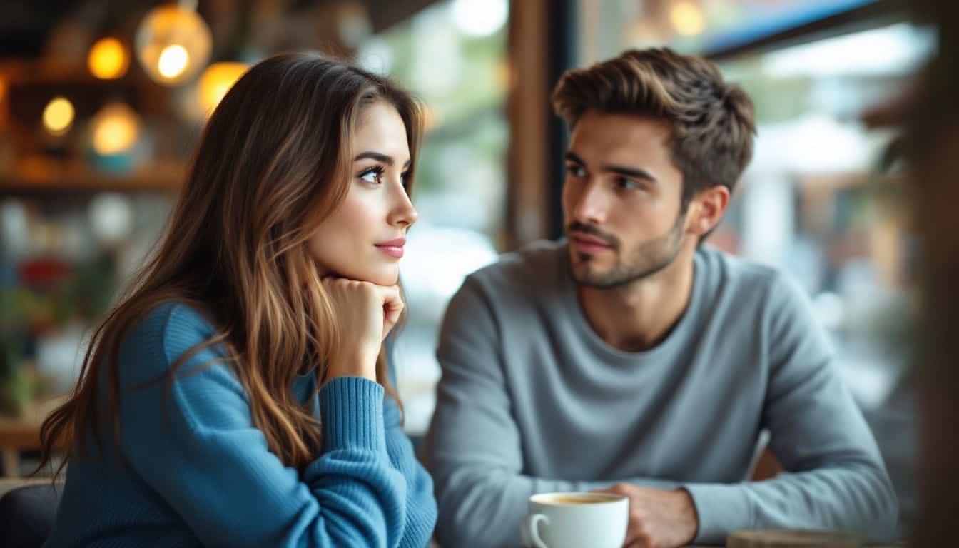 A young couple enjoys a cozy moment together in a cafe.