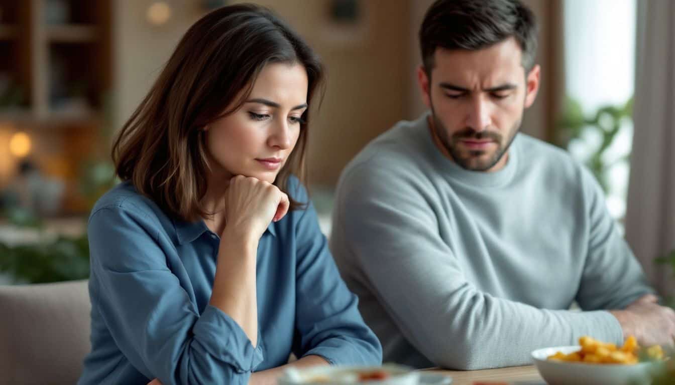 A middle-aged couple sitting at a dining table with a lack of connection.