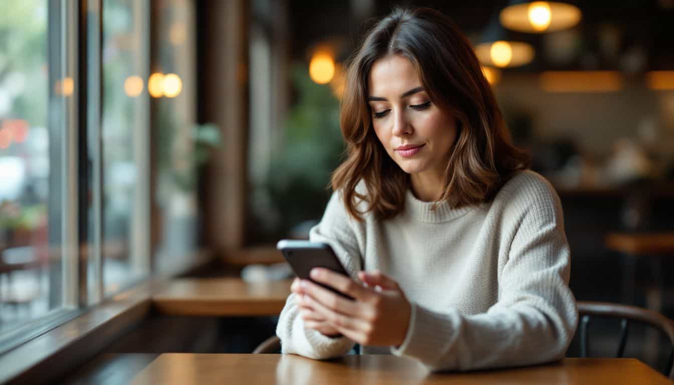 A woman sitting alone in a cozy coffee shop, checking her phone.