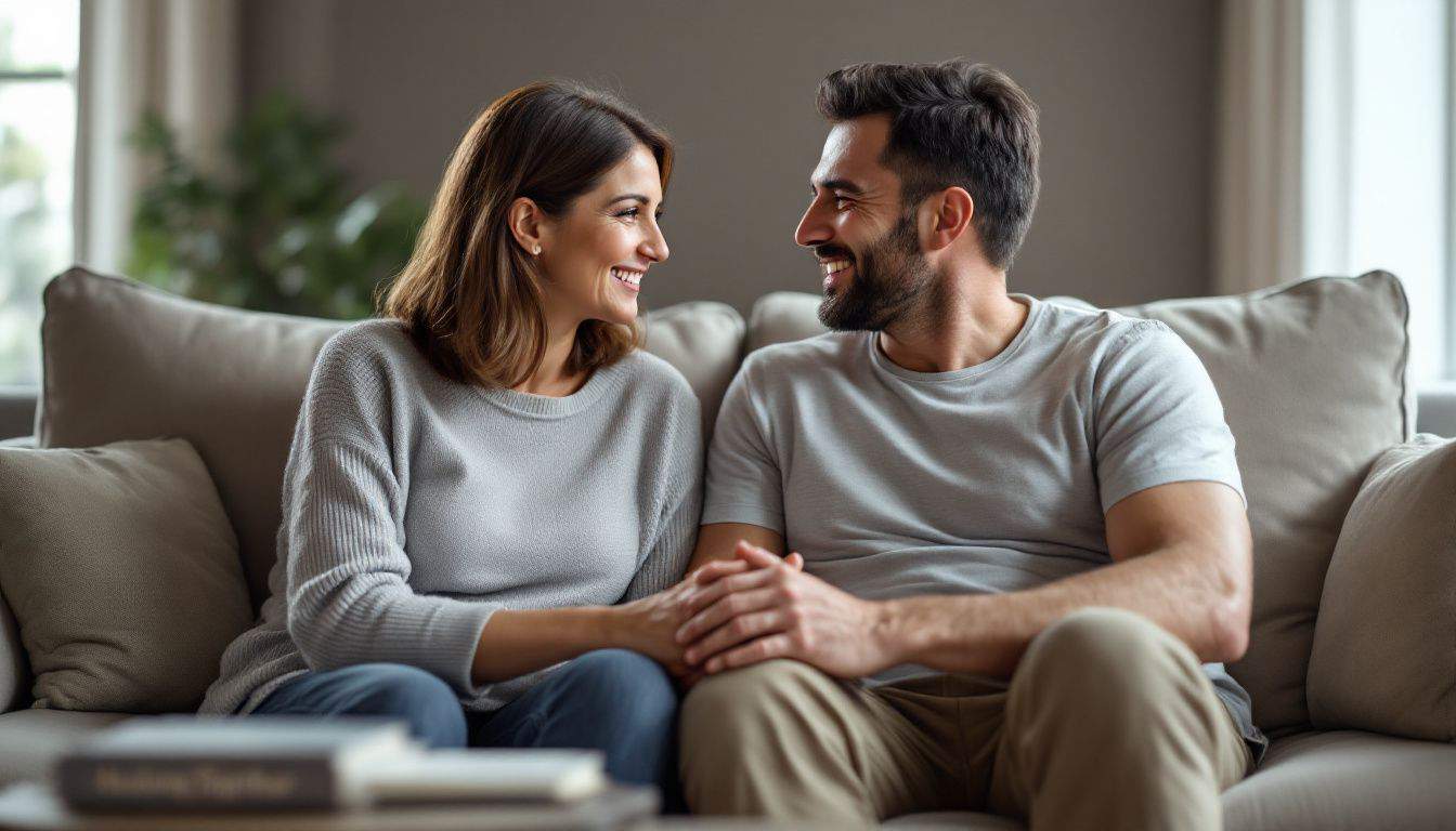 A middle-aged couple sitting together on a couch holding hands.