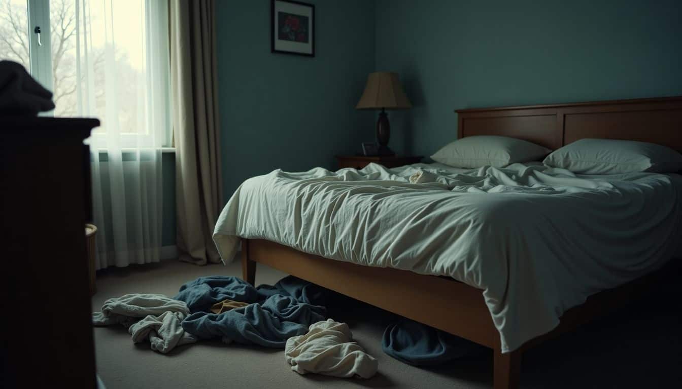 The image shows a messy, distressed bedroom with rumpled sheets and scattered clothes.