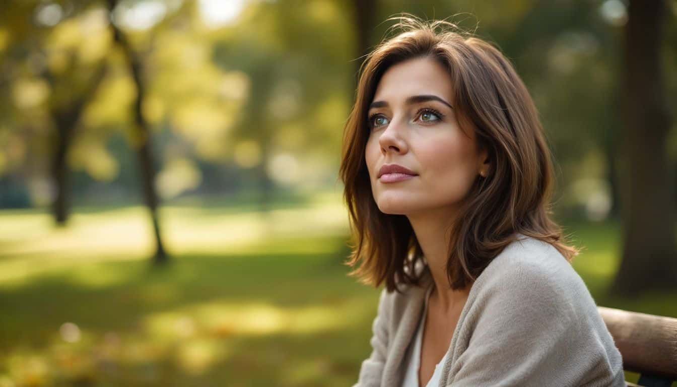 A woman in her mid-30s sits on a park bench, looking thoughtful.