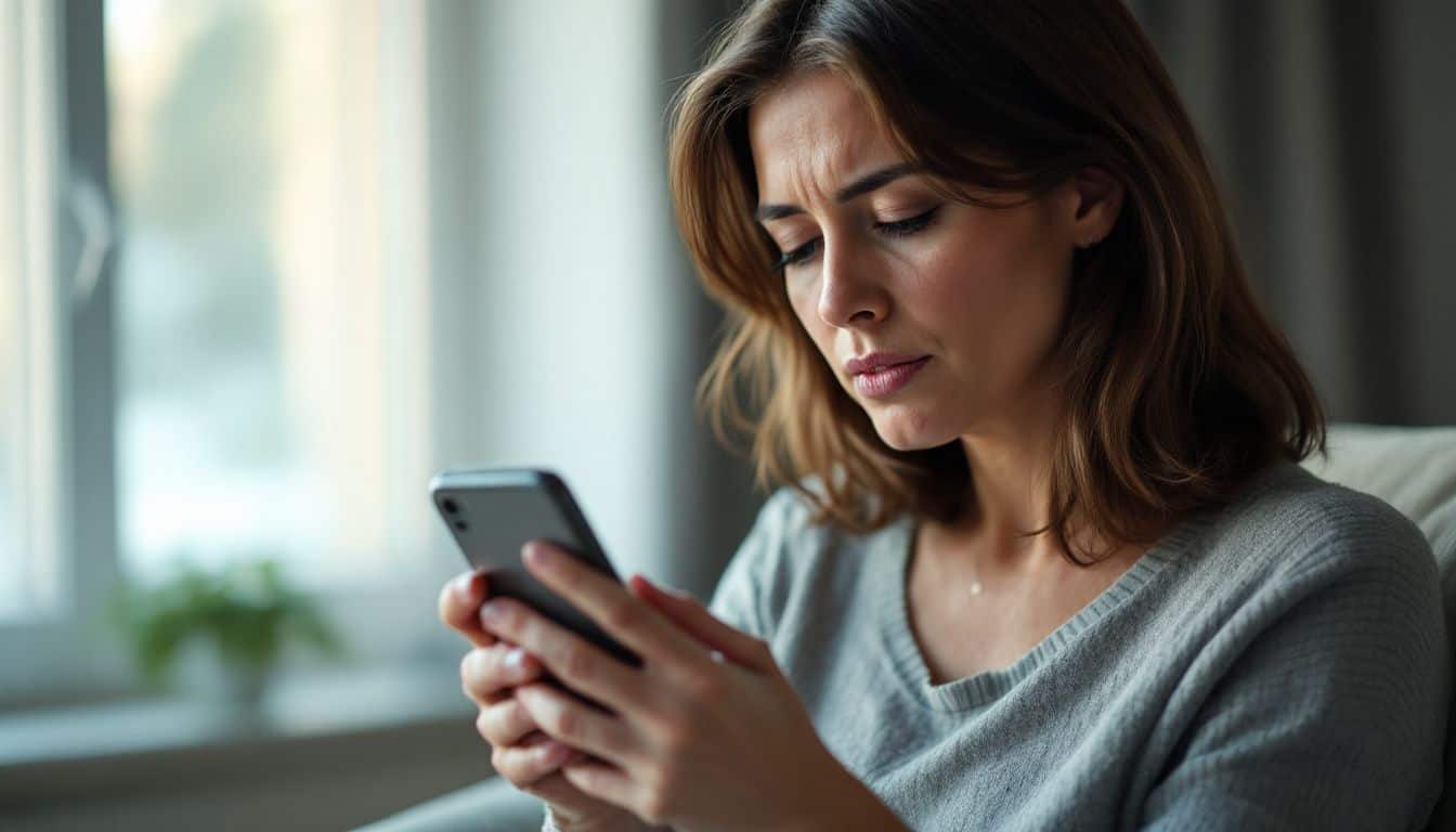 A woman contemplates her unfaithful partner's messages on her phone.