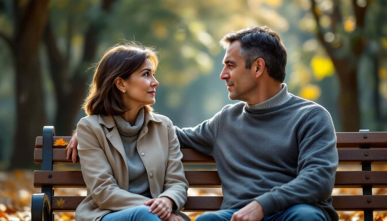 A couple sits on a park bench, contemplating a potential moment for forgiveness.