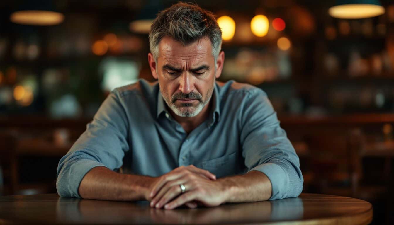 A man sits in a bar, looking thoughtfully at his wedding ring.