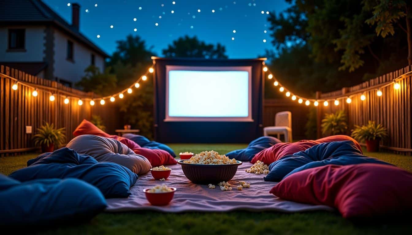 A backyard movie night with a projector, sleeping bags, and popcorn.