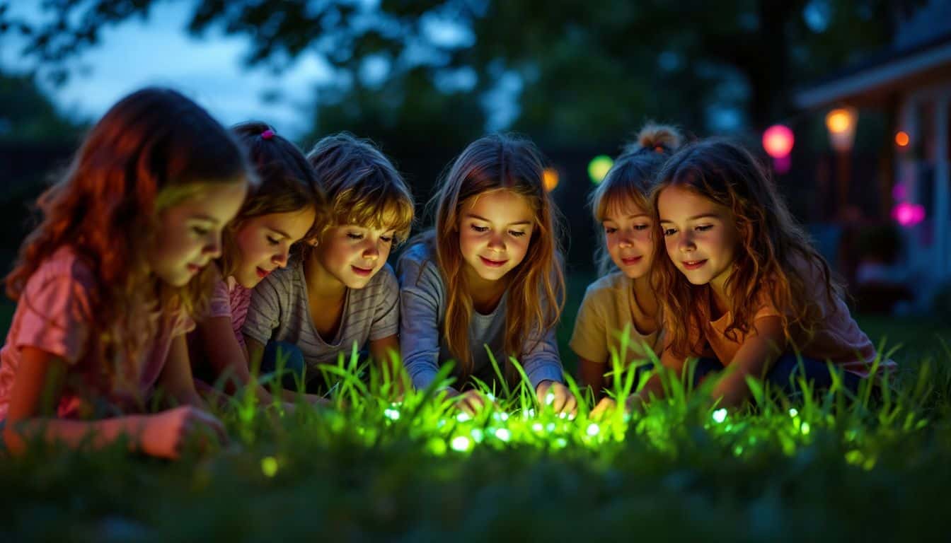 A group of children enthusiastically hunt for glow-in-the-dark clues in a backyard.