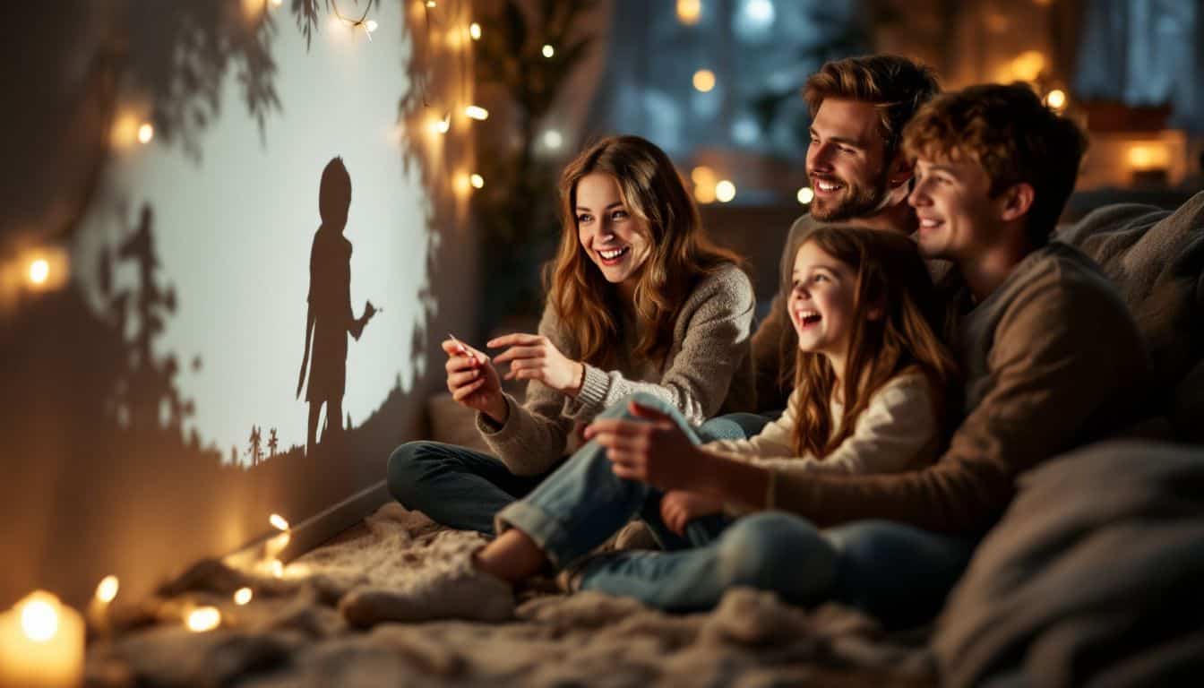 A family of four enjoying a cozy indoor camping experience.