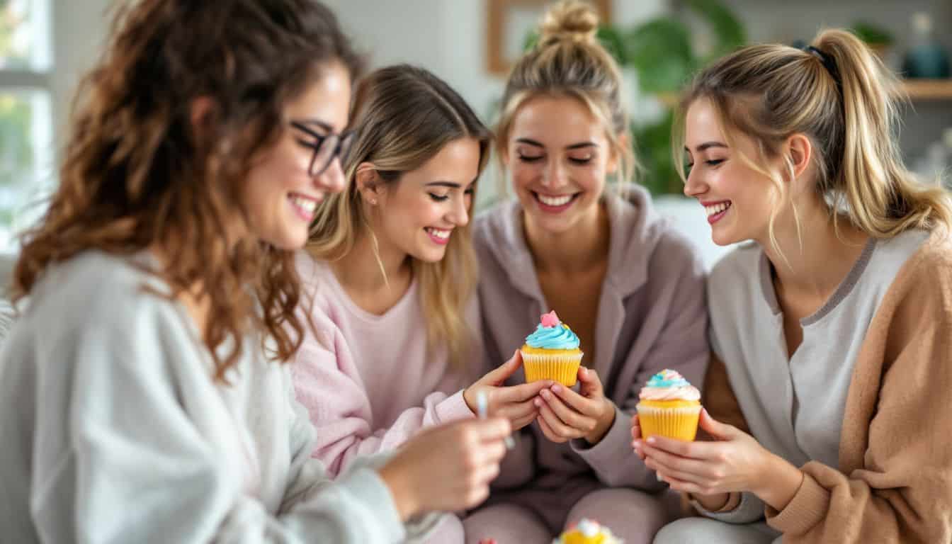 Teenagers enjoying cupcake decorating at a cozy slumber party.