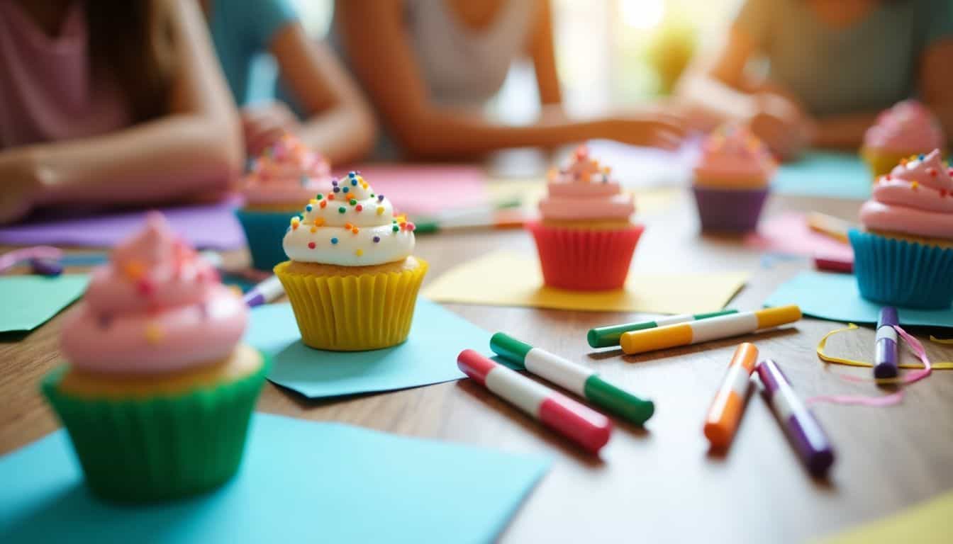 A table of colorful craft supplies for a slumber party.