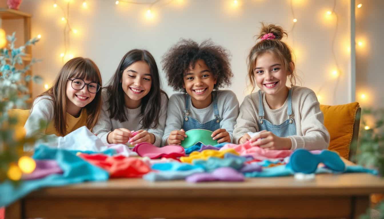 Four preteen girls making sleep masks at a craft table.