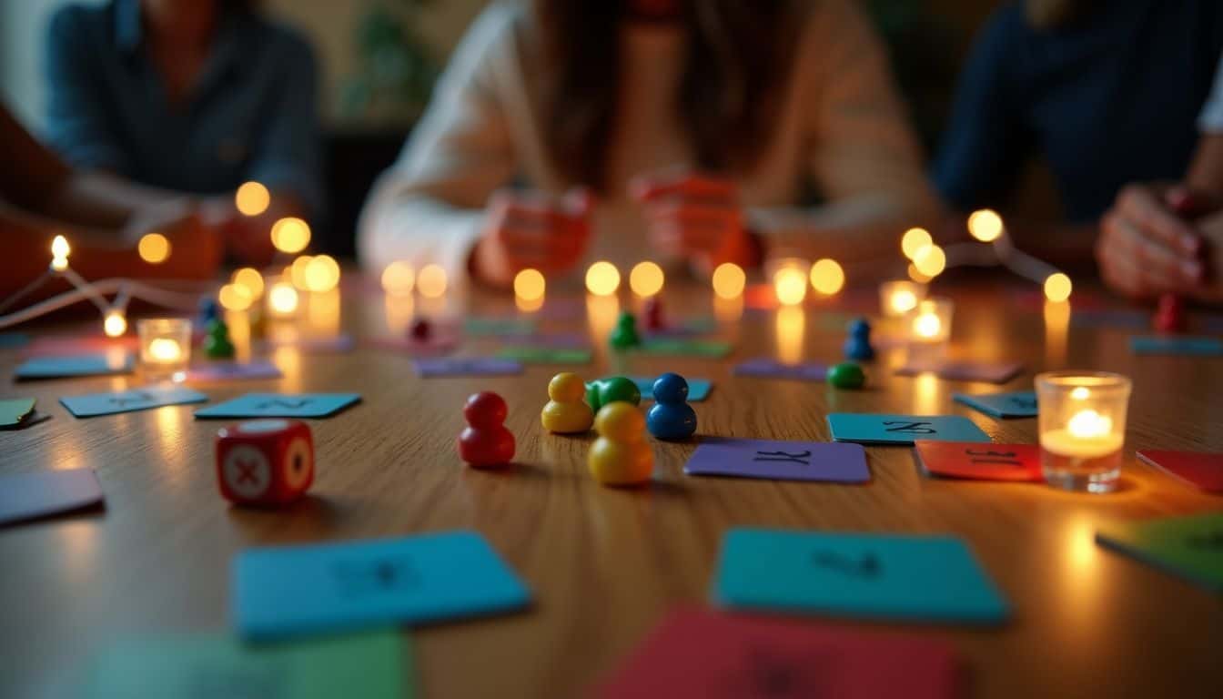 A table filled with game pieces, dice, and cards for game night.