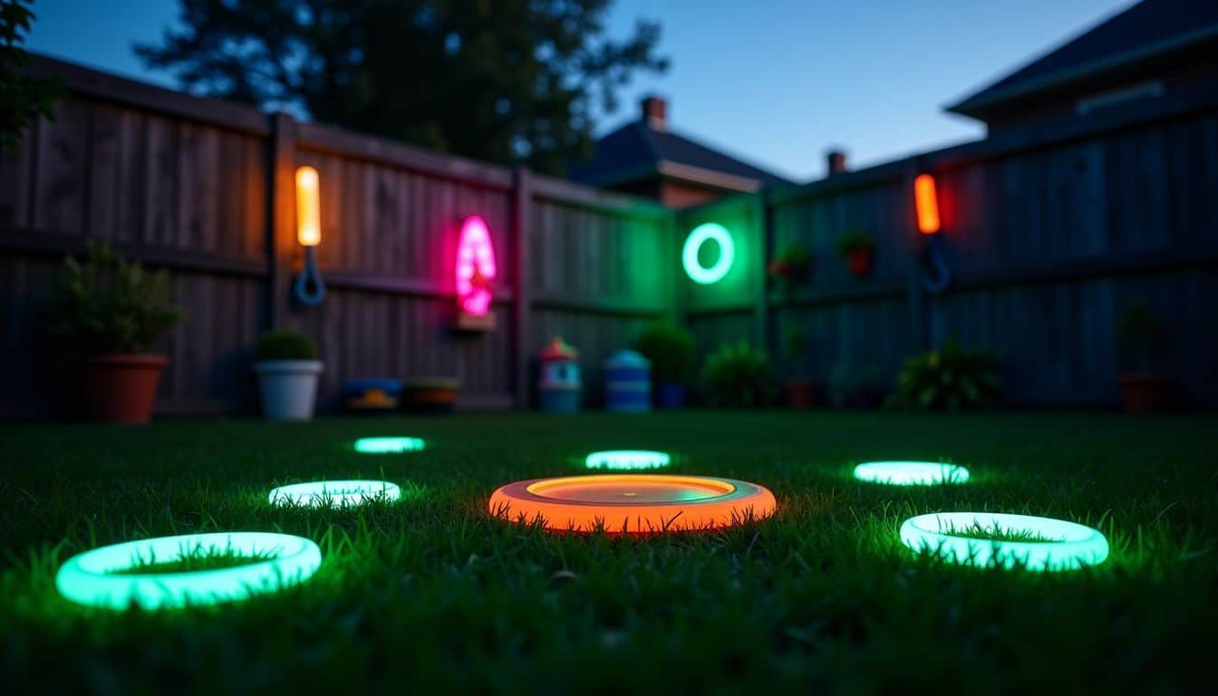 A backyard at night with glowing sports equipment and toys.