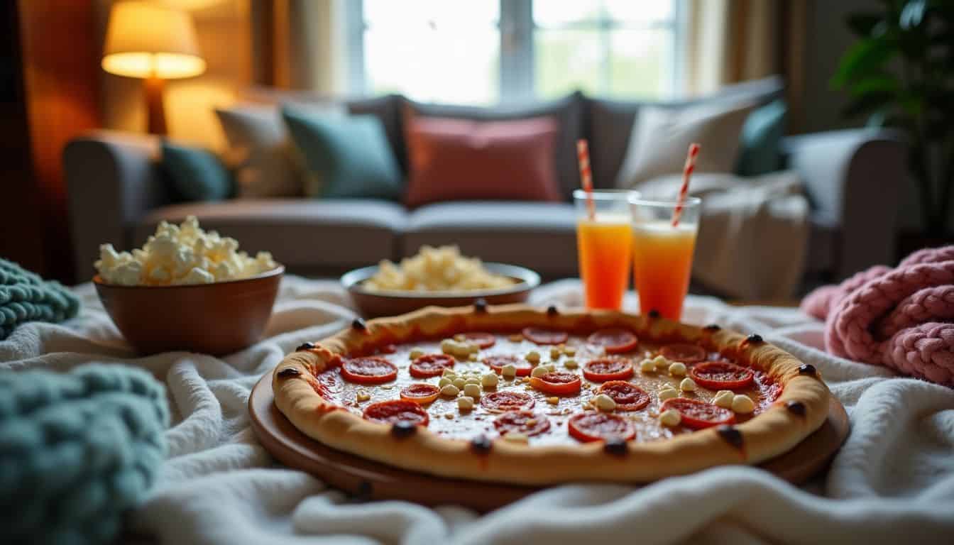 A cozy movie night setup with DIY pizza, ice cream floats, and popcorn.