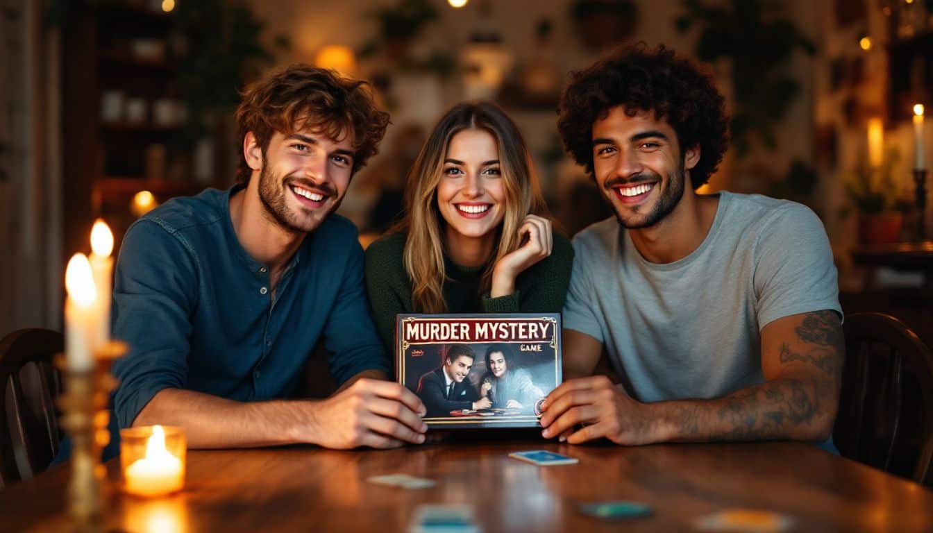 Three friends excitedly gather around a vintage table for game night.