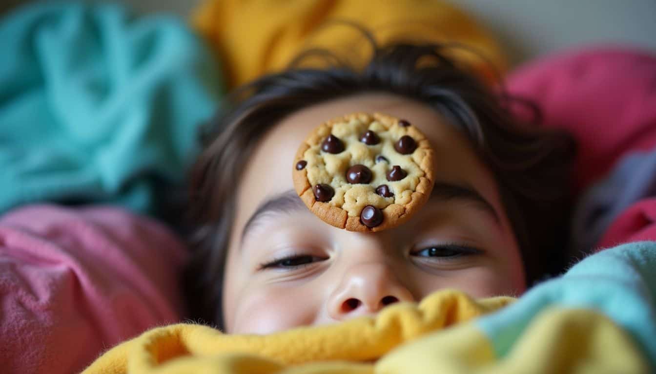 A close-up photo of a cookie on a forehead at a slumber party.