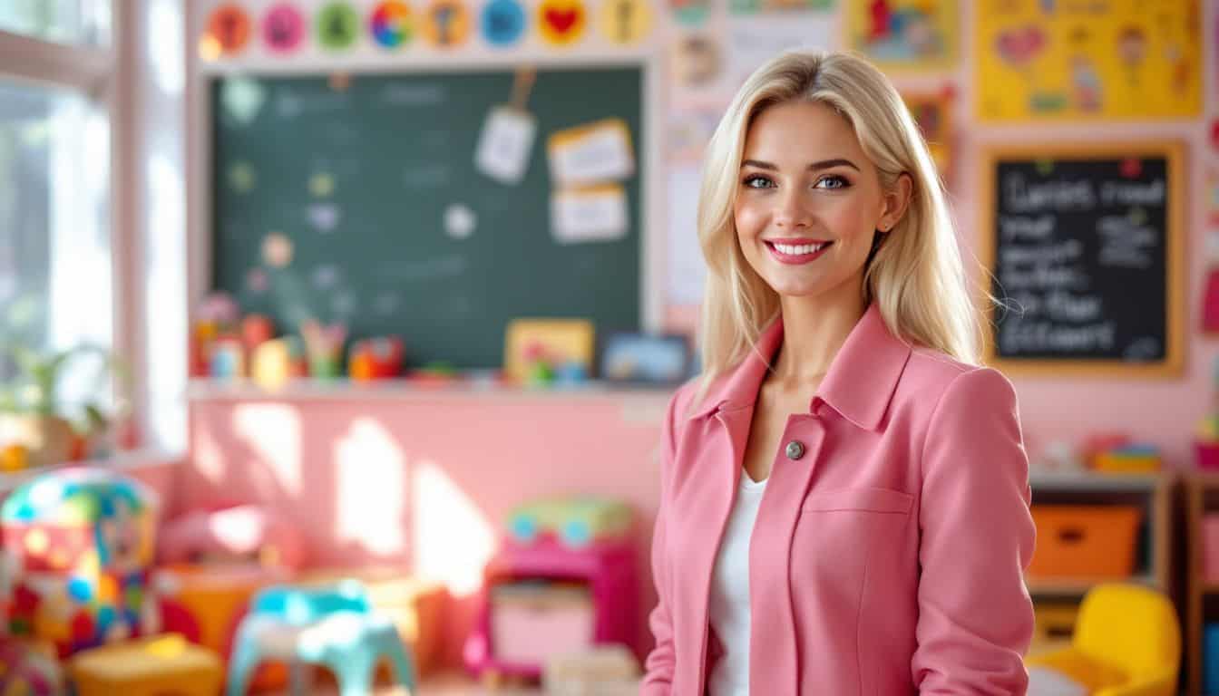 A Barbie-like woman in a pink outfit stands in a vibrant classroom.