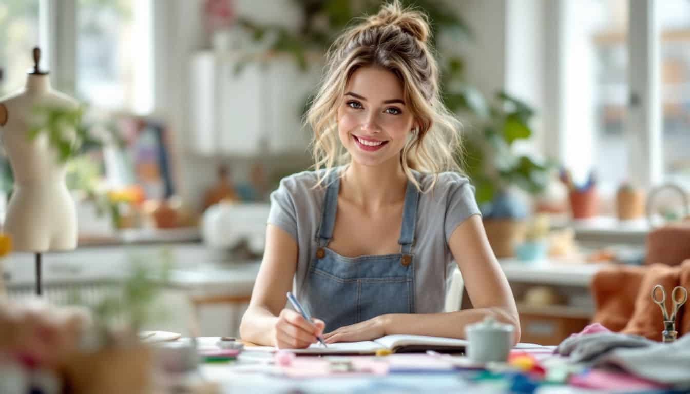 A young woman in 1960s fashion designer style working in a cozy studio.