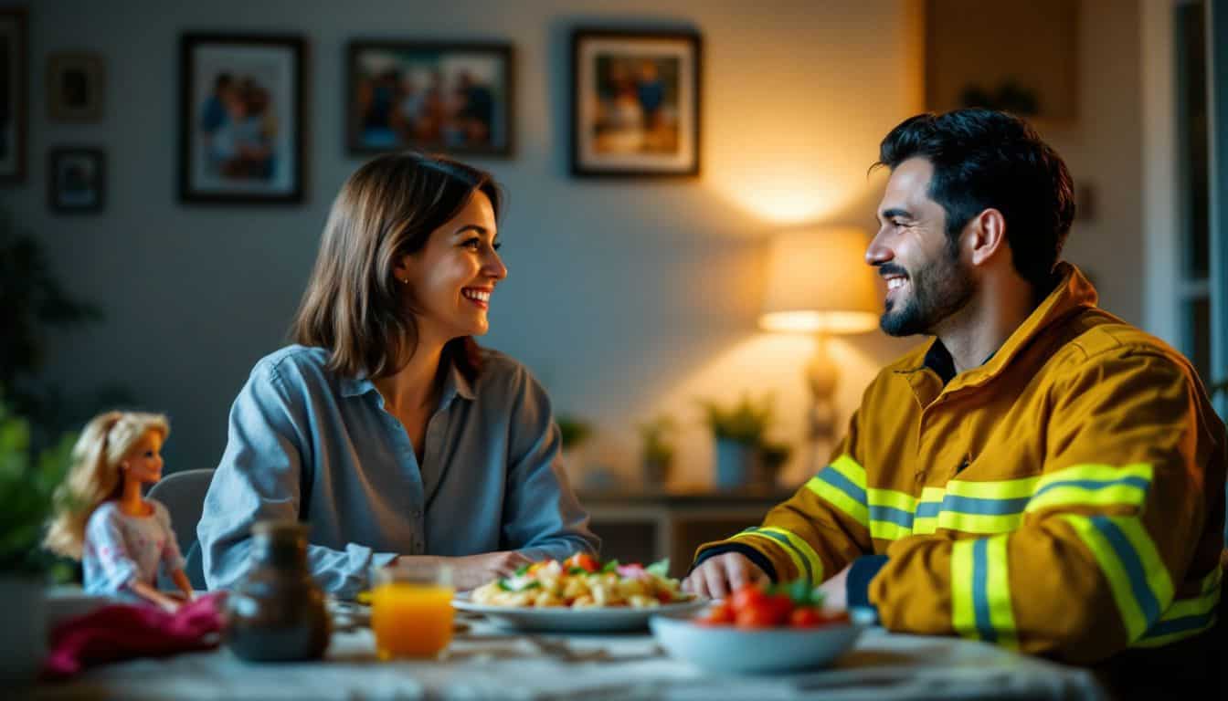 A middle-aged couple and a Barbie doll having a lively dinner conversation.