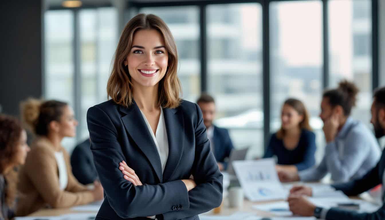 A confident businesswoman leads a diverse team in a corporate boardroom.