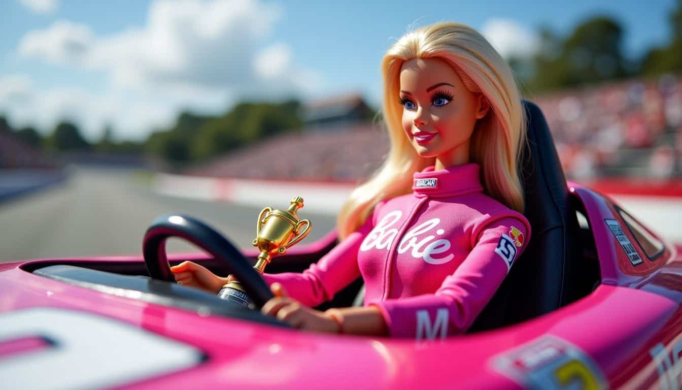 A Barbie doll in a pink NASCAR racing suit holding a trophy in a custom-designed stock car on a racetrack.