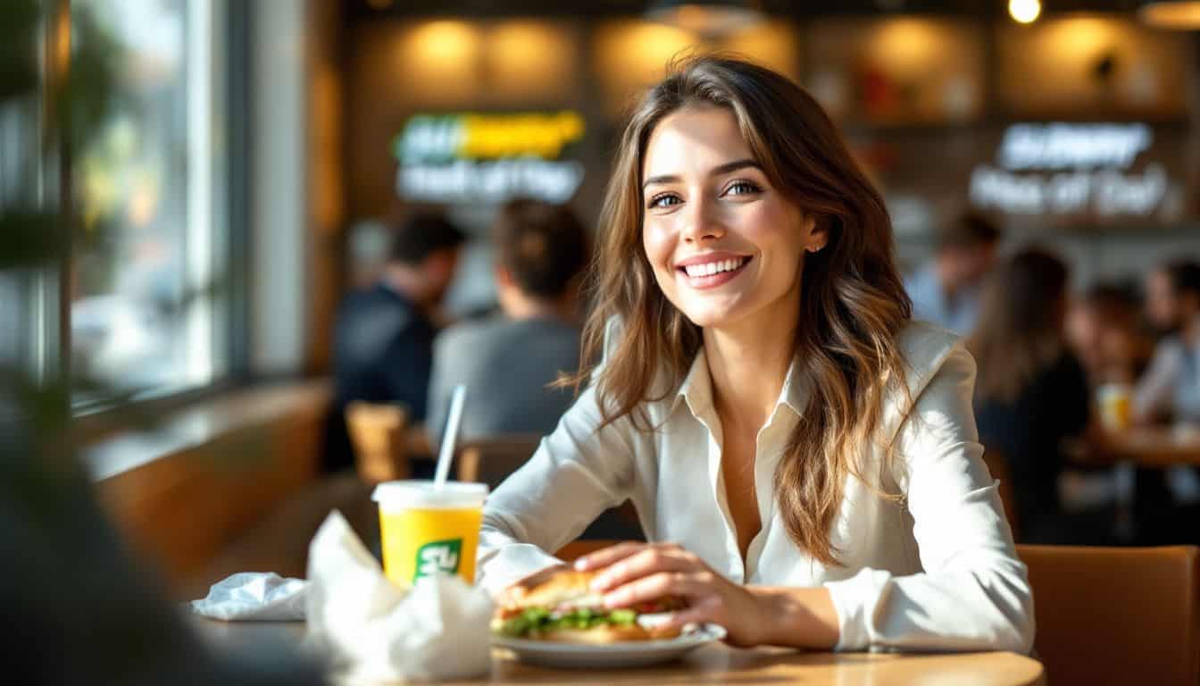 A businesswoman in her 30s enjoys a Meal of the Day promotion at Subway®.