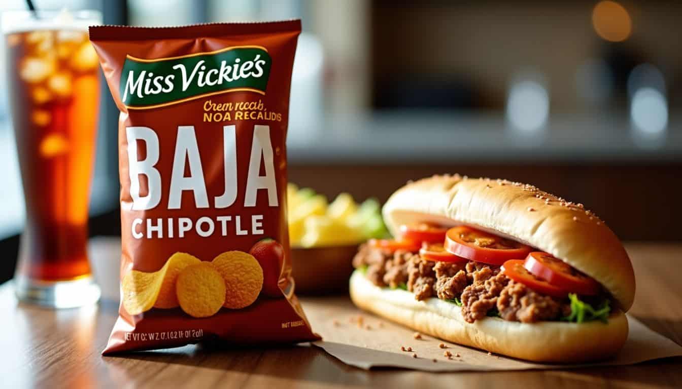 A bag of Baja Chipotle potato chips, a footlong sub, and a fountain drink on a table.