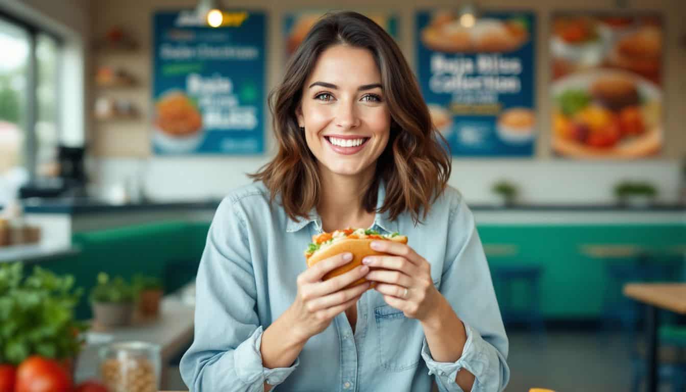 A woman enjoying a Baja Chicken sandwich at a Subway restaurant.