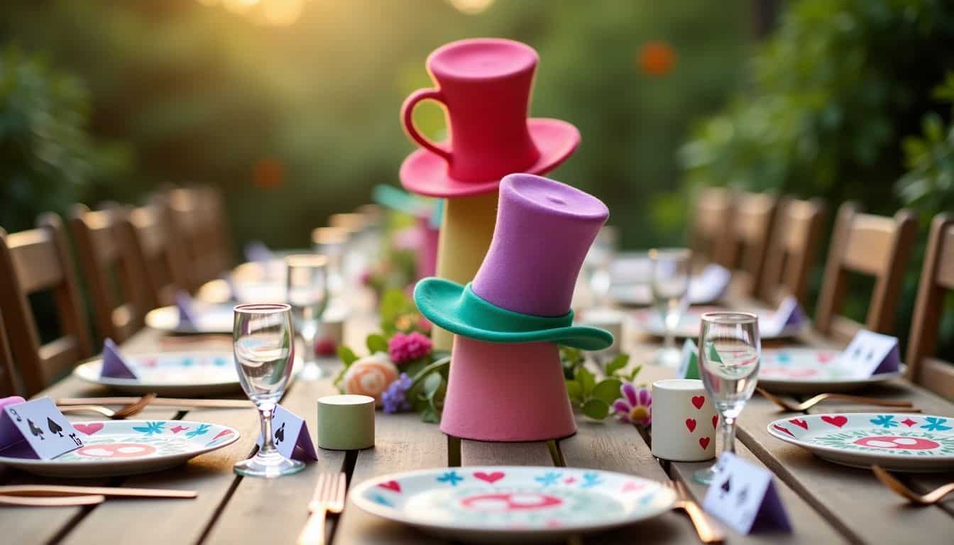 Whimsical tea party table inspired by Alice in Wonderland theme.