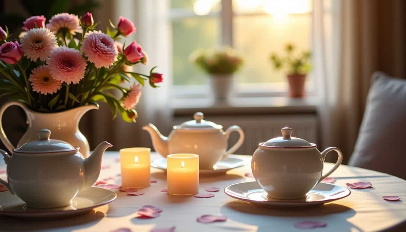 A cozy tea party with floral decor and soft candlelight.