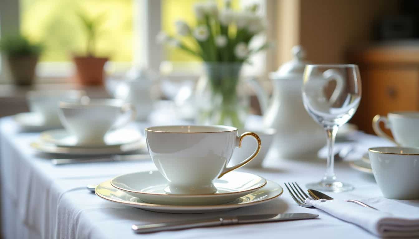 A beautifully set tea party table with elegant silverware and teacups.