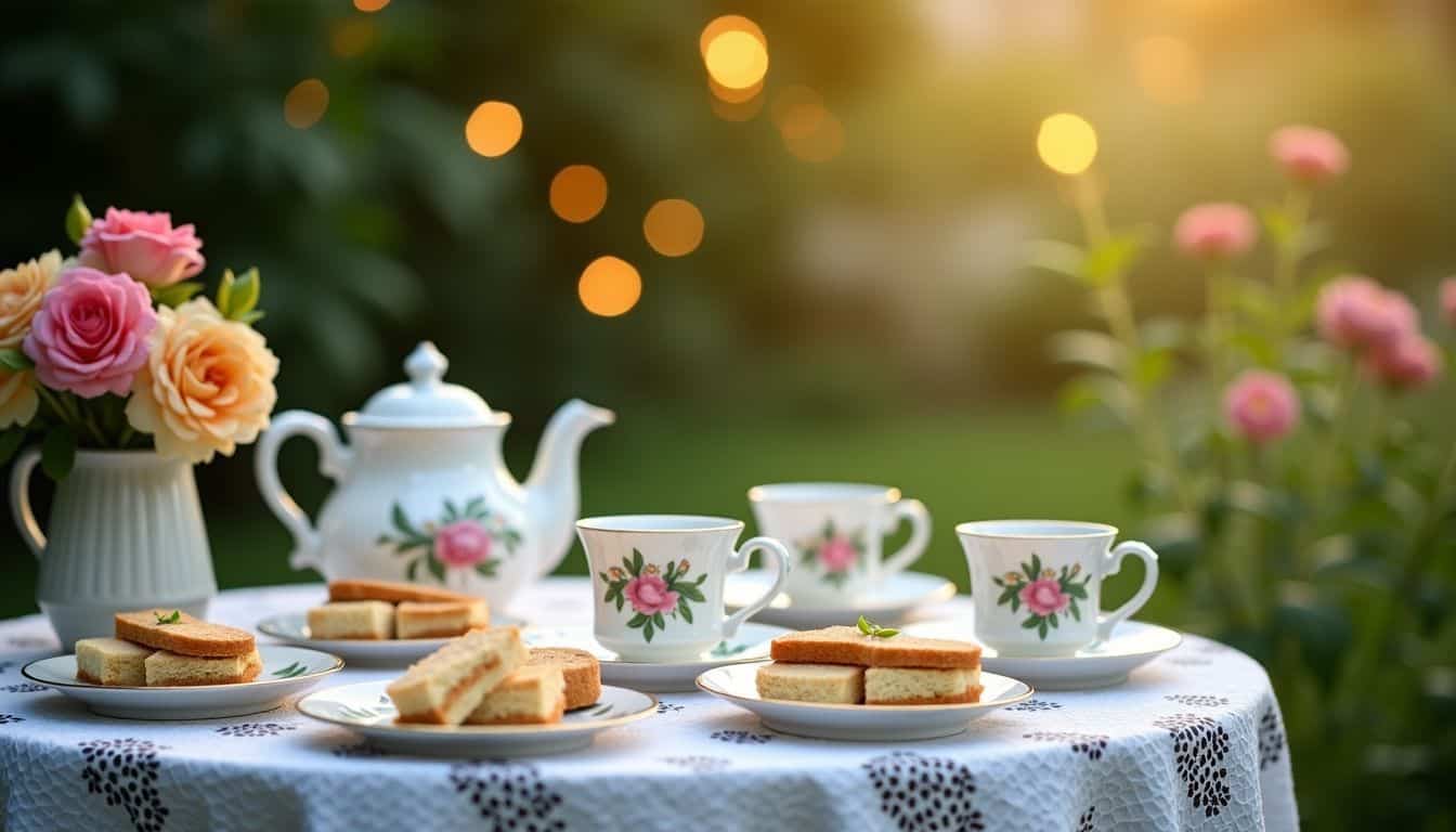 A cozy garden tea party with vintage teacups and sandwiches.