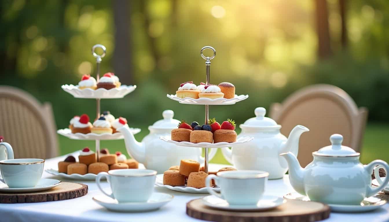 An elegant tea party setup with tiered stands and teapots.