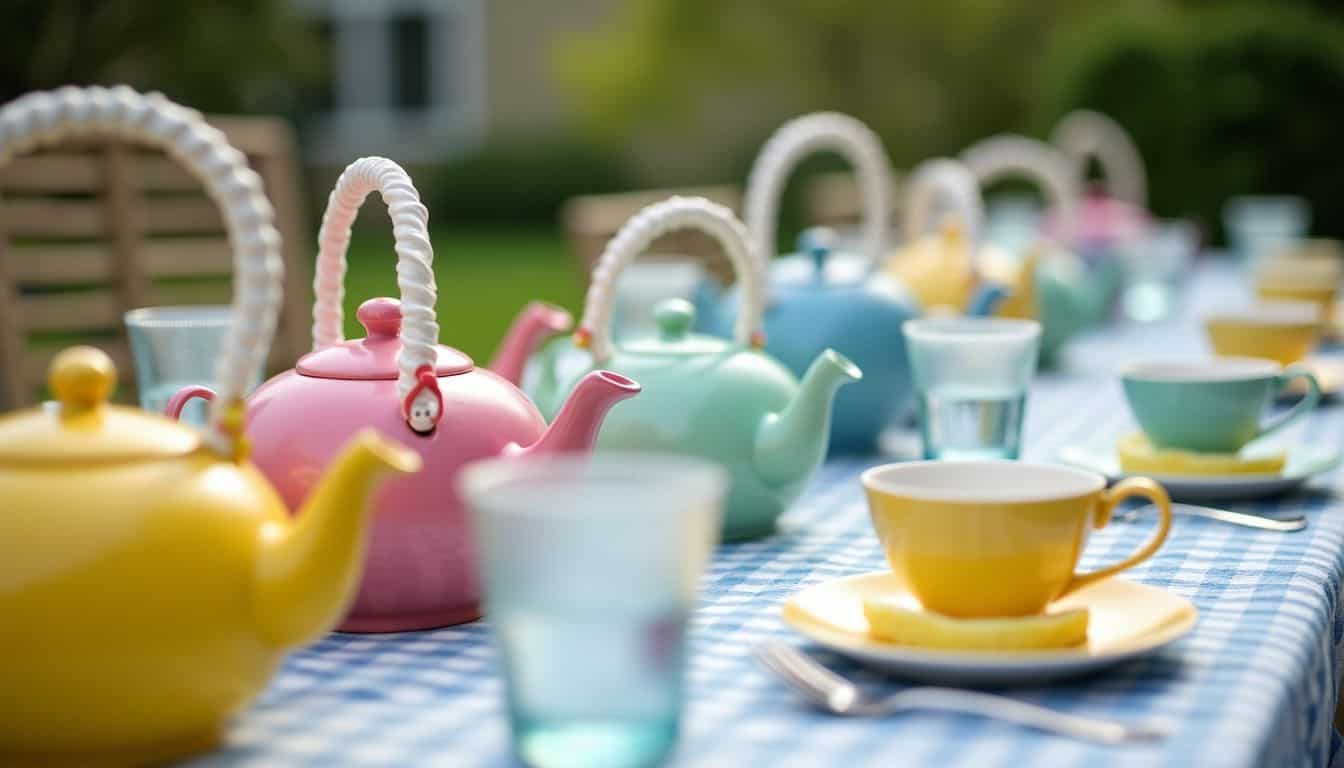 A table set for a high tea party with colorful teapots and cups.