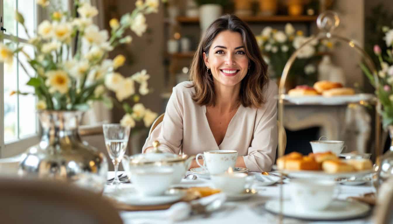 A woman in her 40s sets up an elegant high tea table.