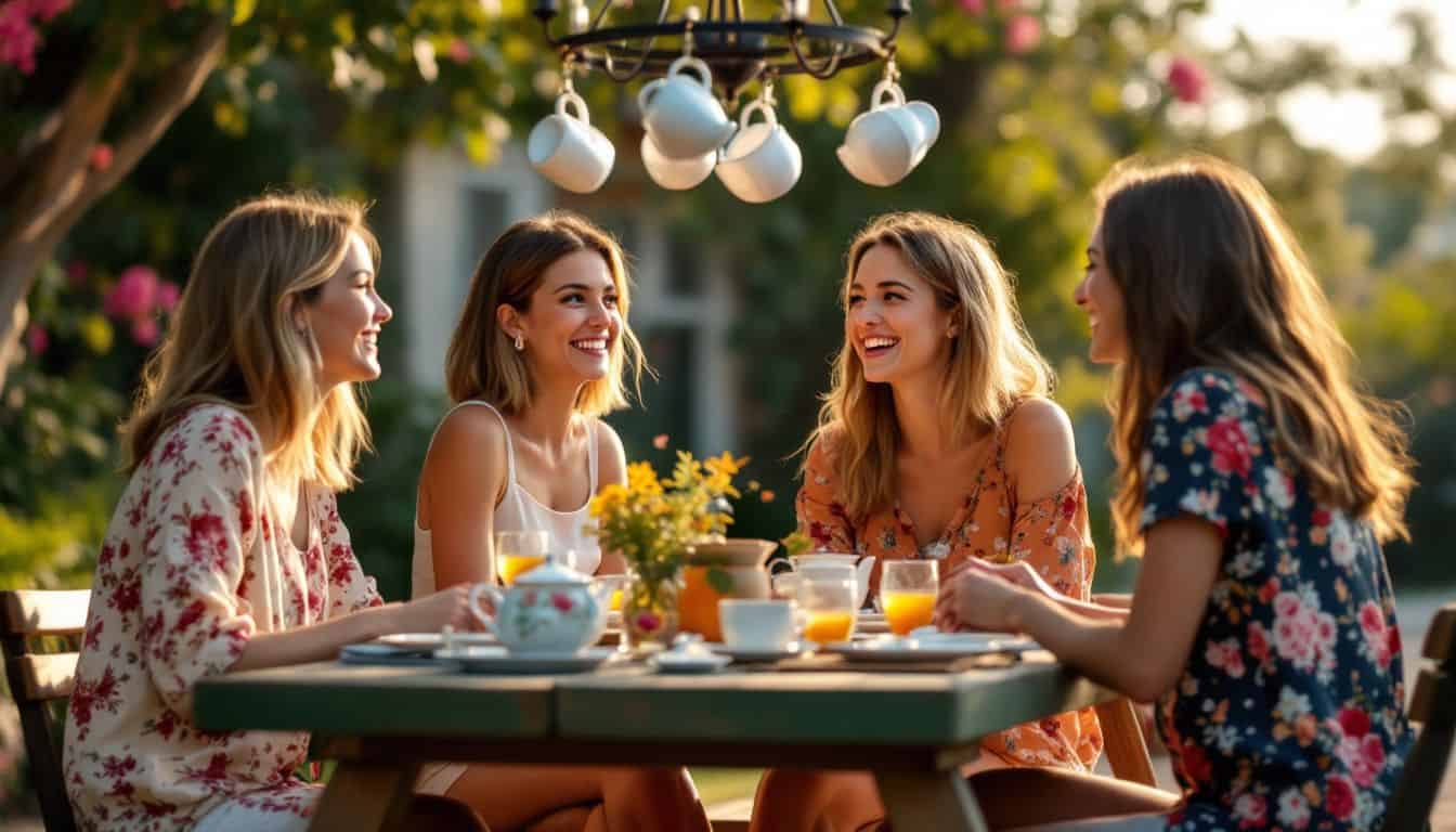 Three women enjoying a casual outdoor tea party with modern and vintage decor.